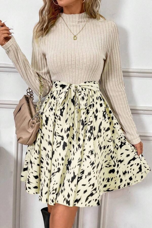 Black Ribbed Knit Patchwork Printed Belted A-line Dress - Image 4