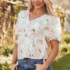 Pink Floral Puff Sleeve V Neck Tied Front Peplum Blouse