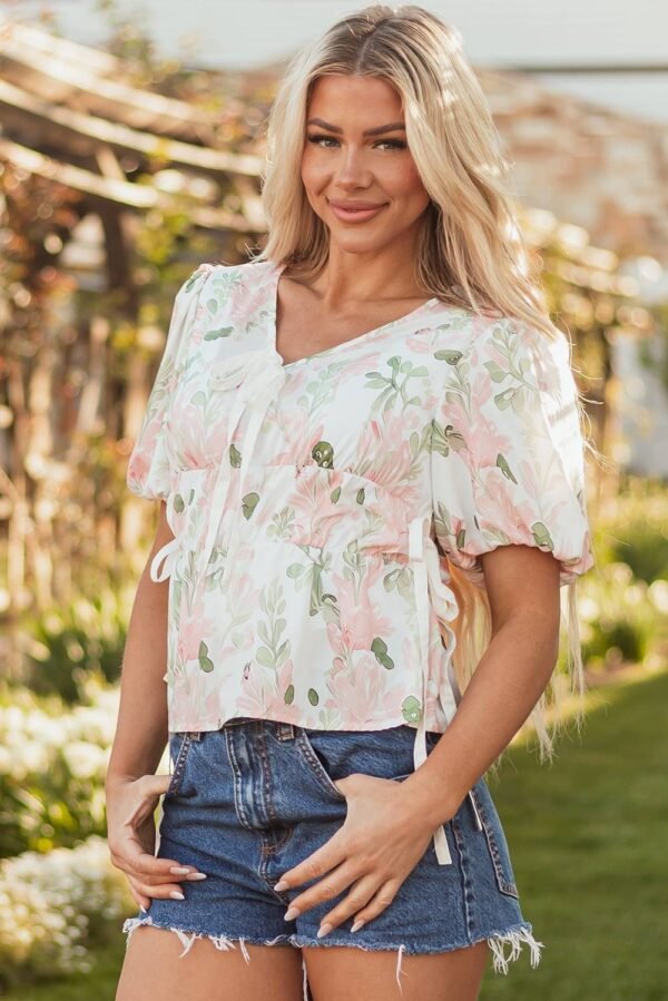 Pink Floral Puff Sleeve V Neck Tied Front Peplum Blouse - Image 4