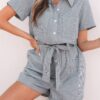 Blue Stripe Chest Pockets Buttoned Belted High Waist Romper