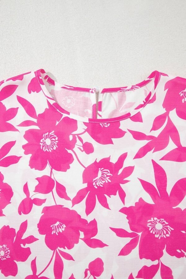 Pink Floral Printed Ruffled Short Sleeve Round Neck Loose Blouse - Image 7