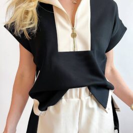 Black Contrast Zipped Stand Collared T Shirt and Short Set