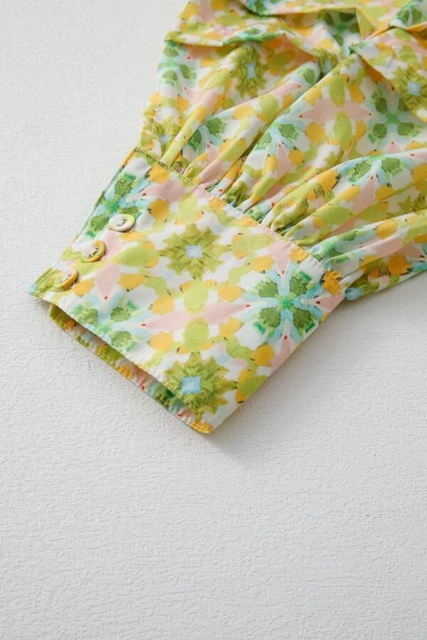 Green Boho Floral Print Frilly Detail Puff Sleeve Shirt - Image 7