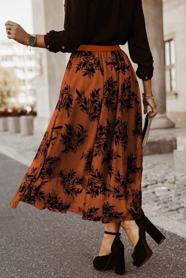 Gold Flame Floral Leaves Embroidered High Waist Maxi Skirt - Image 2