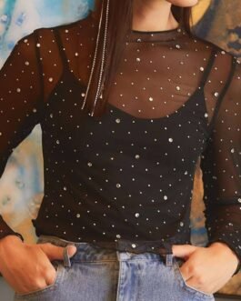 Black Rhinestone Sheer Mesh Slim Fit Long Sleeve Top