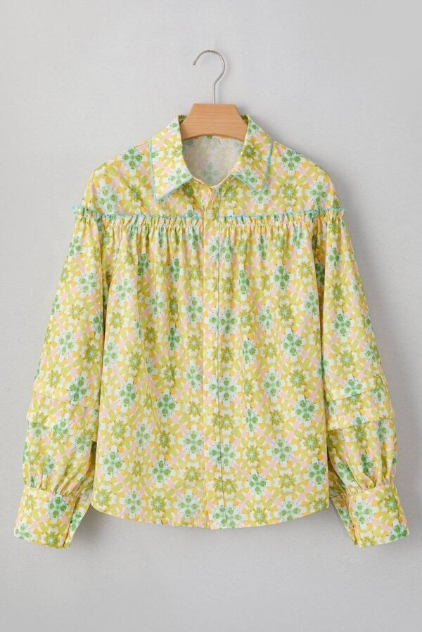 Green Boho Floral Print Frilly Detail Puff Sleeve Shirt - Image 4