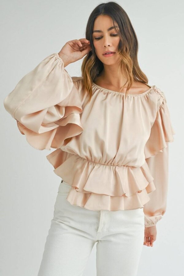 Oatmeal Lace-up Keyhole Back Ruffled Peplum Blouse - Image 4