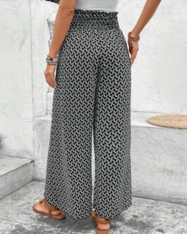 Black Bohemian Print Slit Wide Leg Smocked High Waist Pants
