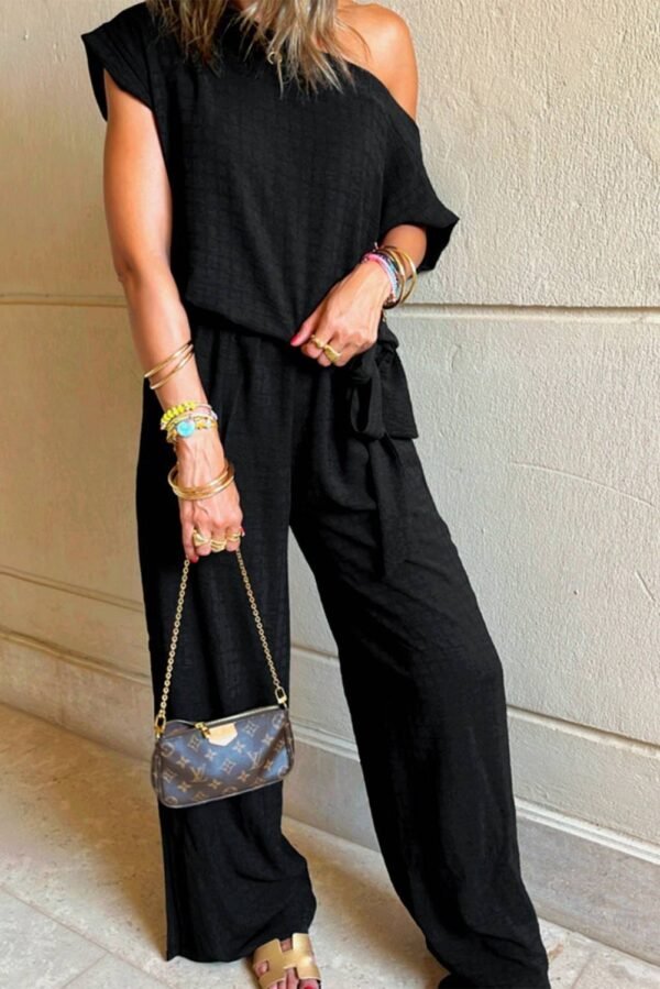Black Checkered Mesh One Shoulder Short Sleeve Knotted Waist Jumpsuit - Image 3