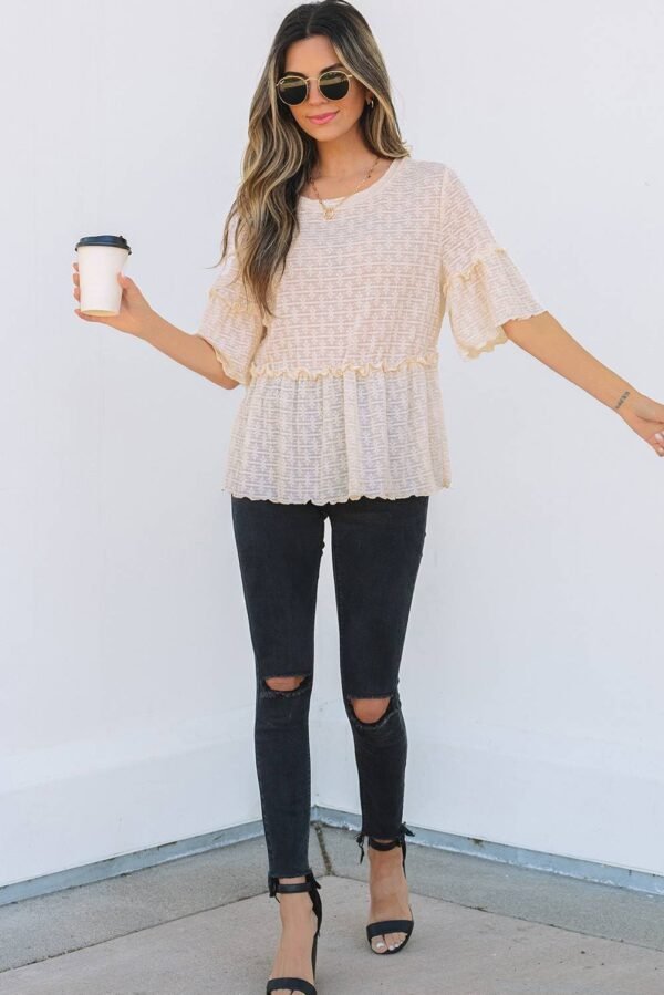 Beige Solid Color Textured Ruffled Short Sleeve Blouse - Image 5