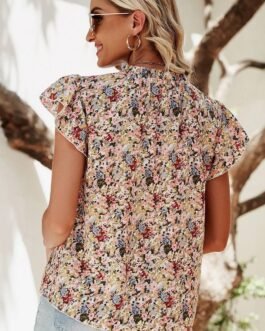 Red Boho Floral Frilled Button Neck Ruffle Short Sleeve Blouse