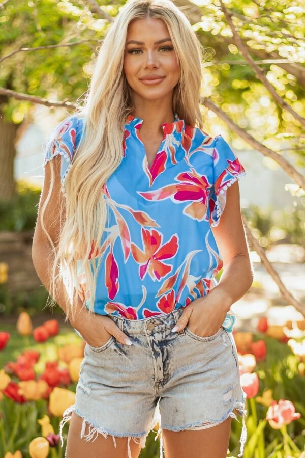 Sky Blue Floral Print V Neck Pompom Trim Flutter Sleeve Blouse - Image 9