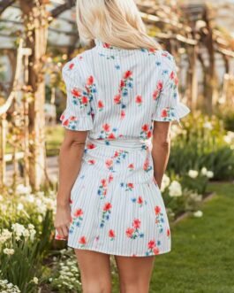 Sky Blue Stripe Floral Pattern Ruffle Short Sleeve Belted Mini Dress