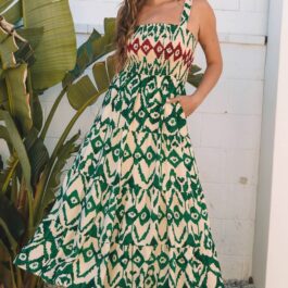 Green Western Aztec Shirred A-line Sleeveless Maxi Dress