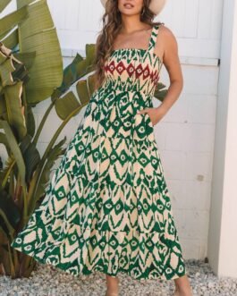 Green Western Aztec Shirred A-line Sleeveless Maxi Dress