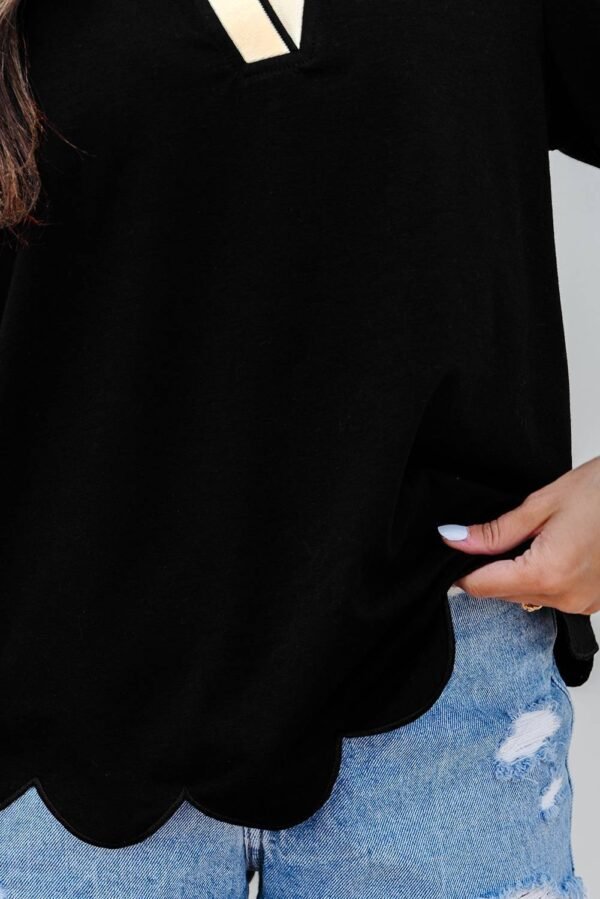 Black Color Contrast Collared V Neck Puff Sleeve Blouse - Image 8