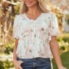 Pink Floral Puff Sleeve V Neck Tied Front Peplum Blouse