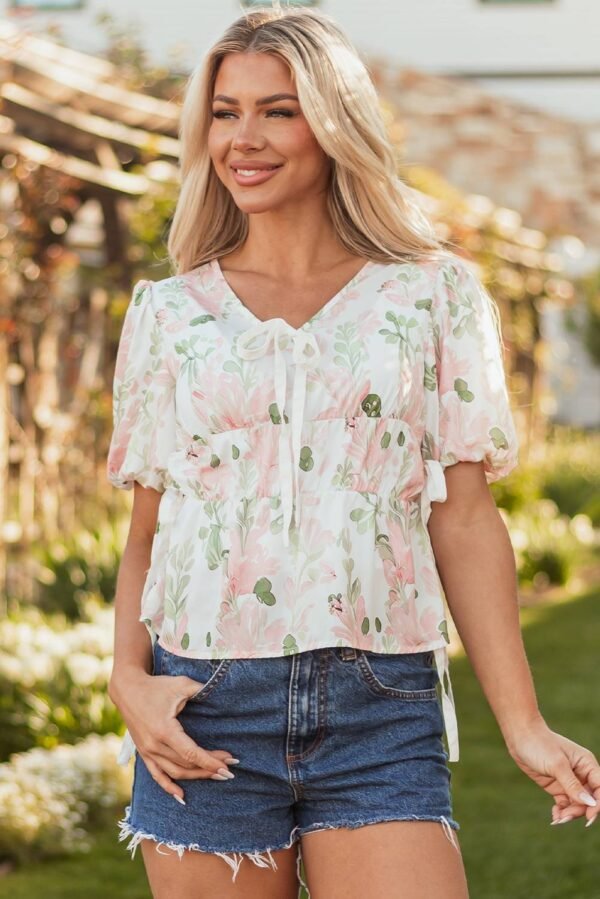 Pink Floral Puff Sleeve V Neck Tied Front Peplum Blouse - Image 6