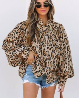 Light French Beige Oversized Leopard Print Balloon Sleeve Casual Shirt