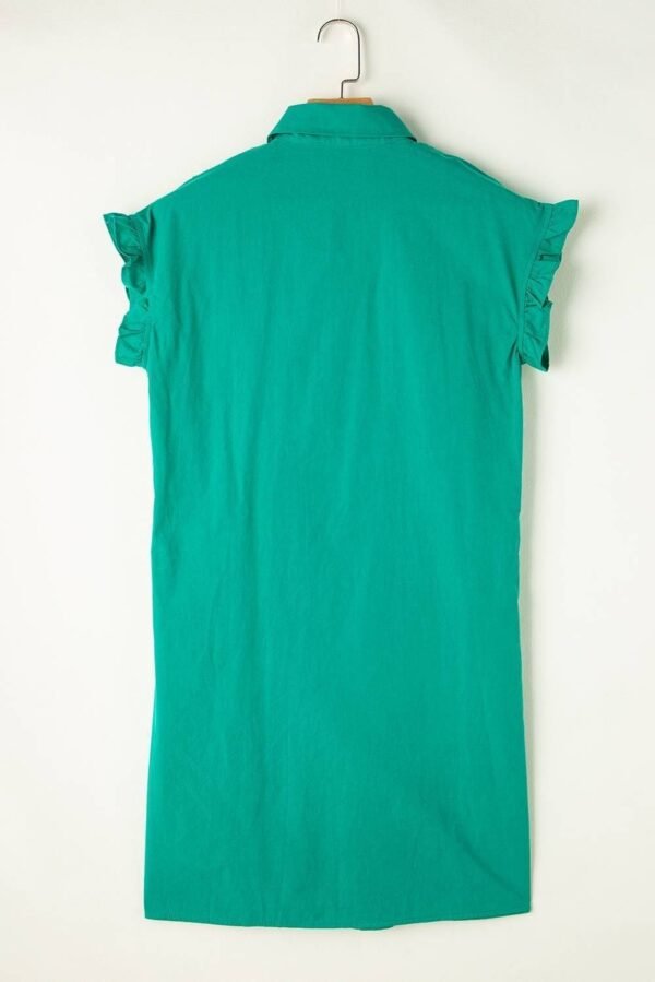 Bright Green Shirred Ruffle Sleeve Button Up Short Dress - Image 5