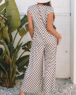 Khaki Checkered Print Buttoned Crew Neck Wide Leg Jumpsuit