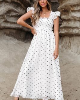 White Polka Dot Flutter Sleeve Square Neck Smocked Maxi Dress