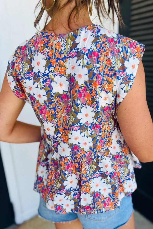 Green Floral Print Bow Applique Slit Sleeveless Peplum Blouse - Image 5