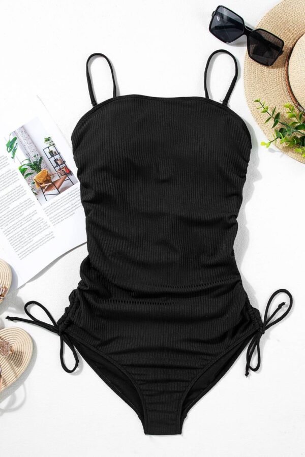 Navy Blue Ribbed Drawstring Sides Cutout One Piece Swimsuit - Image 12