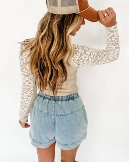 Beige Floral Lace Patchwork Long Sleeve High Neck Slim Top