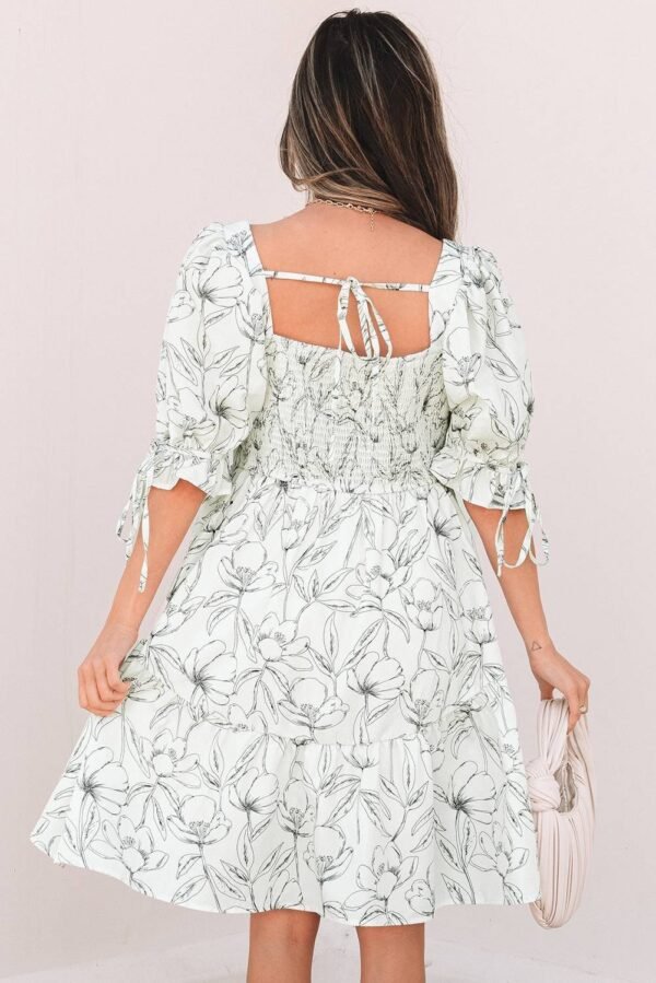 Beige Floral Print Square Neck Shirred Back Puff Sleeve Mini Dress - Image 2