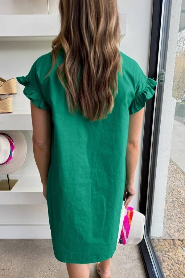 Bright Green Shirred Ruffle Sleeve Button Up Short Dress - Image 2