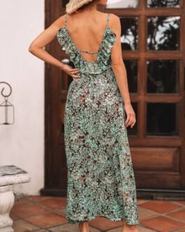 Green Floral Print V Neck Ruffled Trim Backless Tassel Waist Maxi Dress