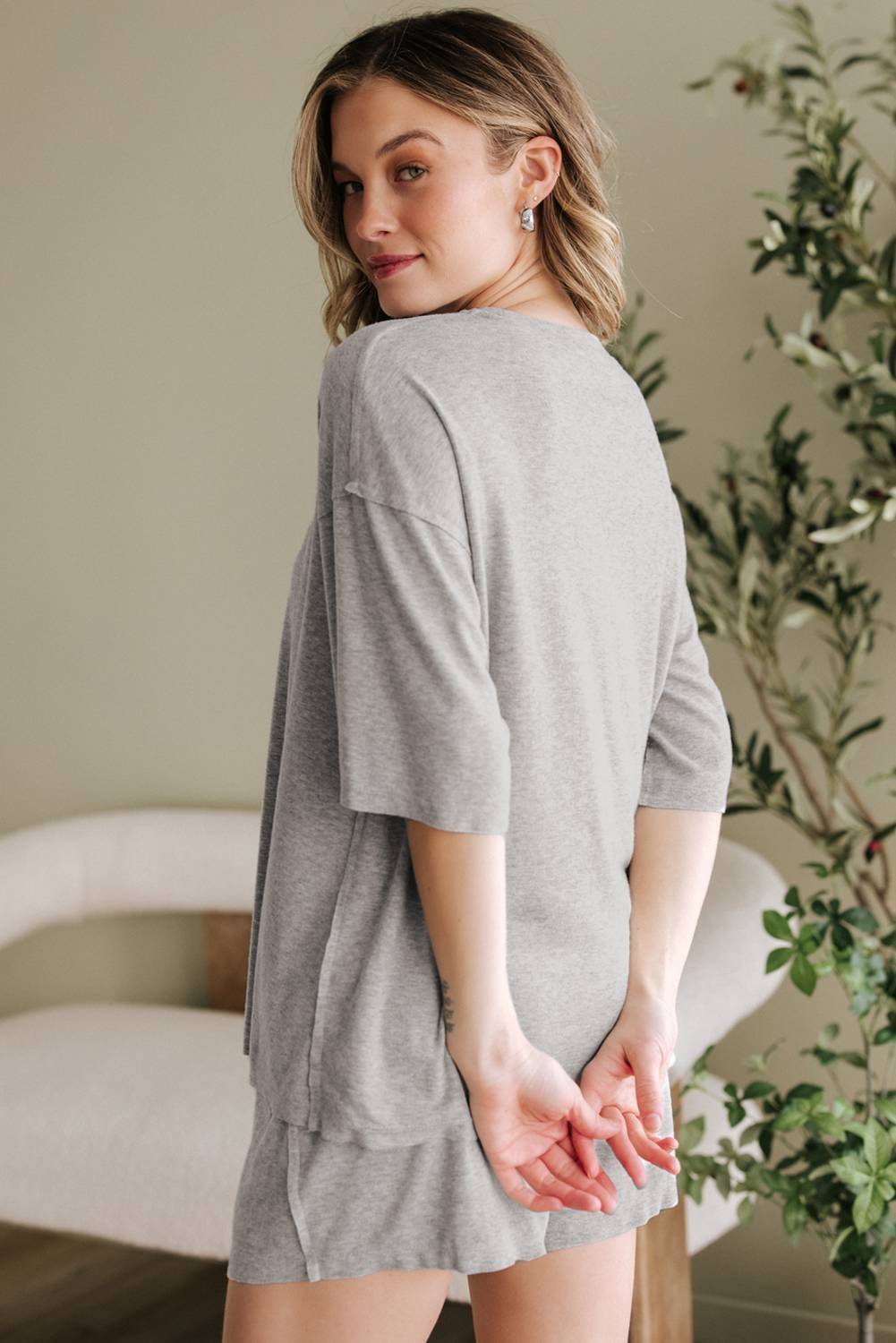 Gray Solid Color Loose Tee 2 Piece Shorts Set - Image 6