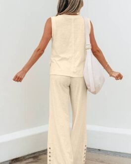 Beige Solid Color Tank Top and Smocked Waist Pants Set