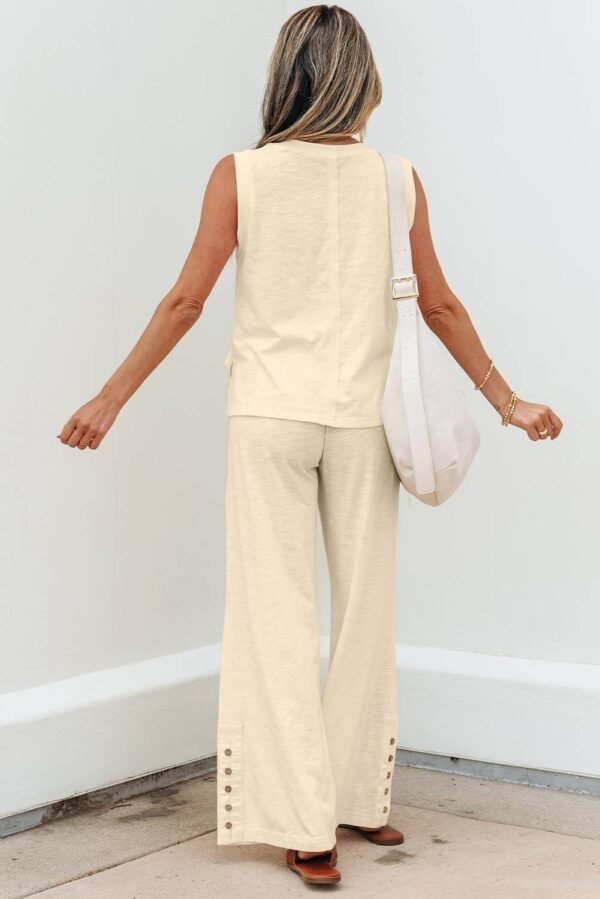Beige Solid Color Tank Top and Smocked Waist Pants Set - Image 2