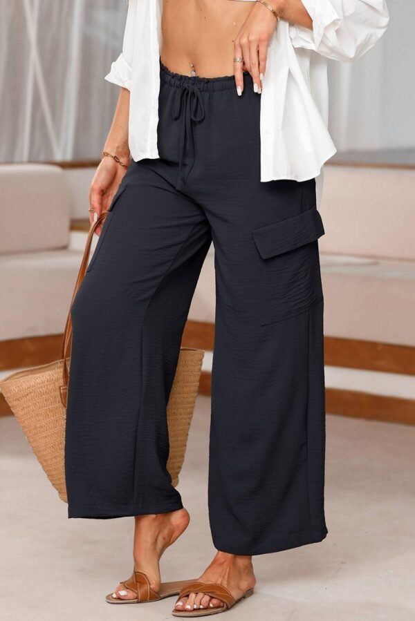 Black Drawstring Frilled Waist Wide Leg Utility Trousers - Image 7