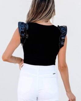 Black Leatherette Ruffle Patchwork Ribbed V Neck Bodysuit
