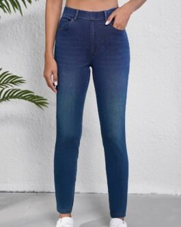Ashleigh Blue Multiple Pockets Straight Leg Washed Stretchy Knit Casual Jeans