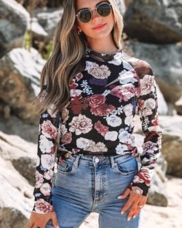 Pink Mesh Floral Print Mock Neck Long Sleeve Slim Top