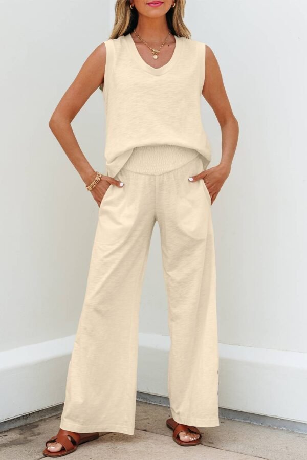 Beige Solid Color Tank Top and Smocked Waist Pants Set - Image 6