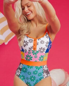 Orange Floral Colorblock Buttoned Décor Front Spaghetti Straps Teddy Swimsuit
