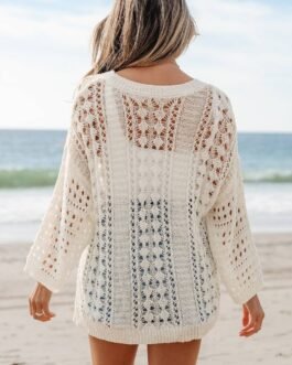 White Hollow Out Knit Bracelet Sleeve Drop Shoulder Sweater
