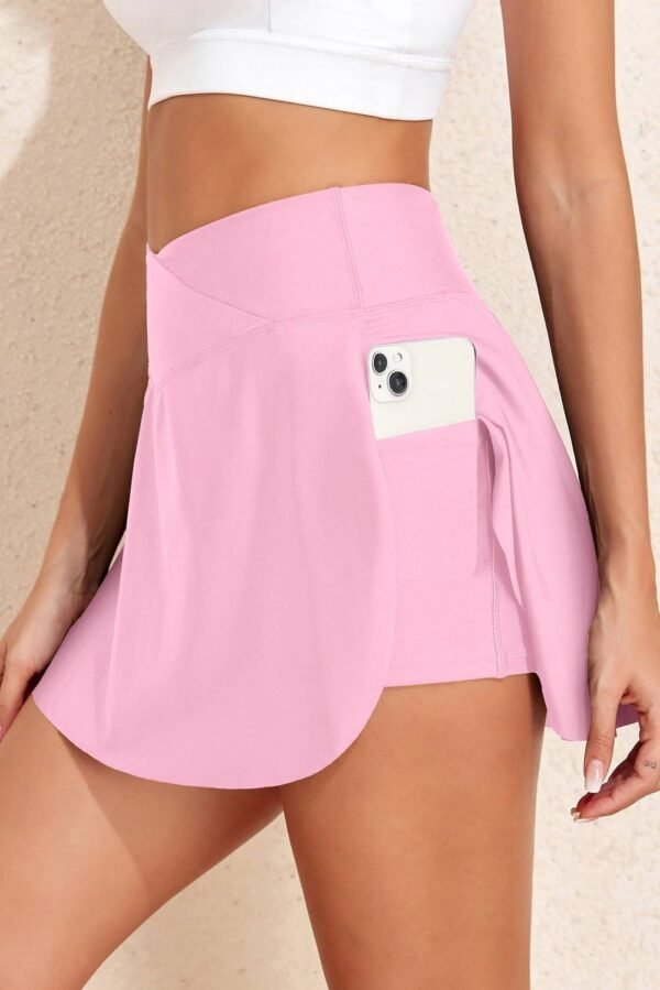 Pink Solid Pocketed Crossover High Waist Swim Skort