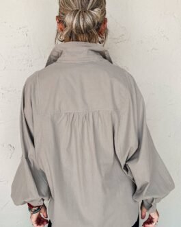 High Solid Color Balloon Sleeve Side Slits Loose Fit Shirt