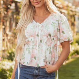 Pink Floral Puff Sleeve V Neck Tied Front Peplum Blouse