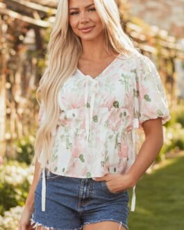 Pink Floral Puff Sleeve V Neck Tied Front Peplum Blouse
