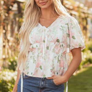 Pink Floral Puff Sleeve V Neck Tied Front Peplum Blouse