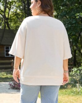 Beige Pearl Decor Crew Neck Half Sleeve Plus Size T Shirt