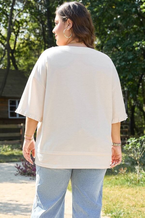 Beige Pearl Decor Crew Neck Half Sleeve Plus Size T Shirt - Image 2