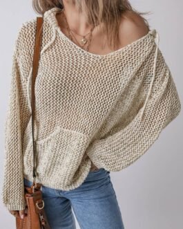 Jet Stream Hollow-out Kangaroo Pocket V Neck Hooded Sweater